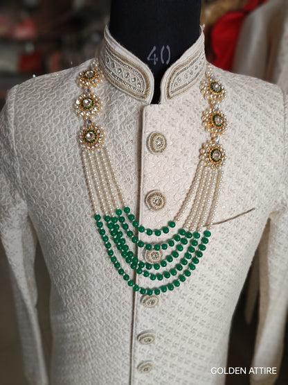 Ivory & Green Maharaja Necklace for Groom | Kundan & Pearl Wedding Mala