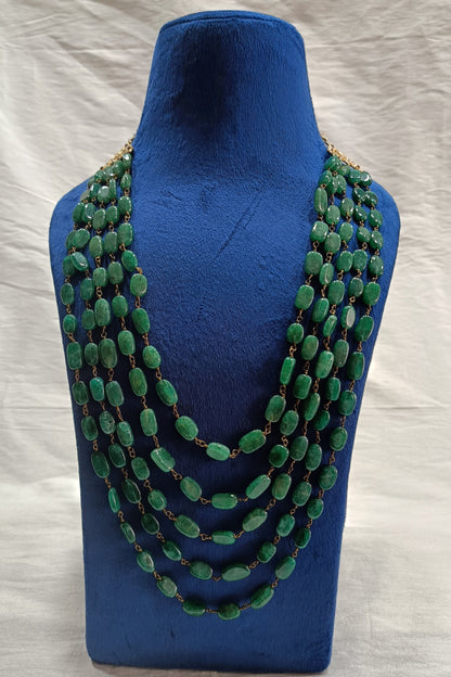 Green Elegant Indian Groom Kantha | 5-Layered Pearl & Panna Mala with Stone Detailing | Sherwani Necklace | Golden Attire