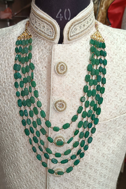 Green Elegant Indian Groom Kantha | 5-Layered Pearl & Panna Mala with Stone Detailing | Sherwani Necklace | Golden Attire