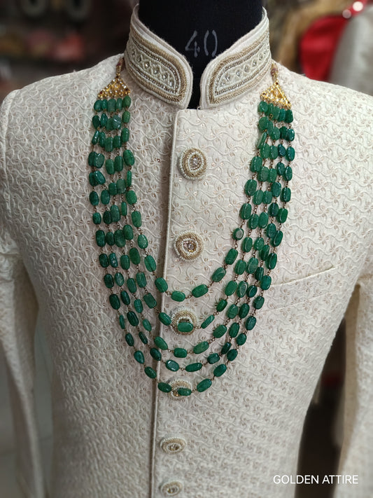 Green Elegant Indian Groom Kantha | 5-Layered Pearl & Panna Mala with Stone Detailing | Sherwani Necklace | Golden Attire