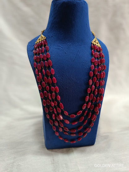 Indian Groom Mala 5 Layered Pearl Necklace | Ruby Stone Detailing | Uber Rich Kantha Panna Mala | Sherwani Necklace | Golden Attire
