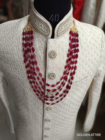 Indian Groom Mala 5 Layered Pearl Necklace | Ruby Stone Detailing | Uber Rich Kantha Panna Mala | Sherwani Necklace | Golden Attire