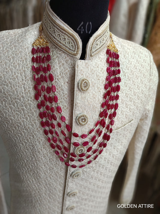 Indian Groom Mala 5 Layered Pearl Necklace | Ruby Stone Detailing | Uber Rich Kantha Panna Mala | Sherwani Necklace | Golden Attire