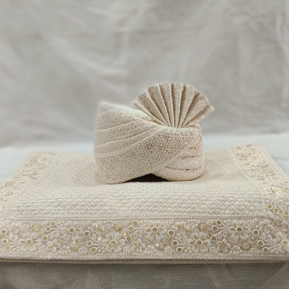 Ivory Embroidered Groom Turban, Lightweight & Adjustable Turban for Sherwani