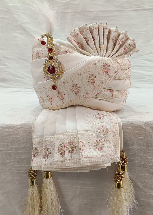 Off-White Groom Turban & Shawl Set with Delicate Pink Buti Embroidery