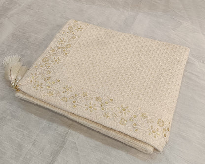 Elegant Ivory Shawl with Thread Embroidery – Cotton Silk Fabric for Sherwani or Kurta (Shawl 65x250 cm)