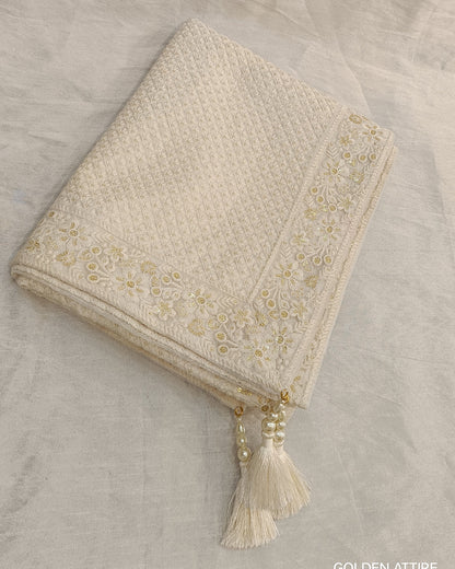 Elegant Ivory Shawl with Thread Embroidery – Cotton Silk Fabric for Sherwani or Kurta (Shawl 65x250 cm)