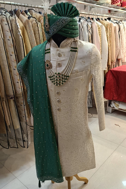 Emerald Green Groom Turban Set for Men with Shawl & Safa Stole