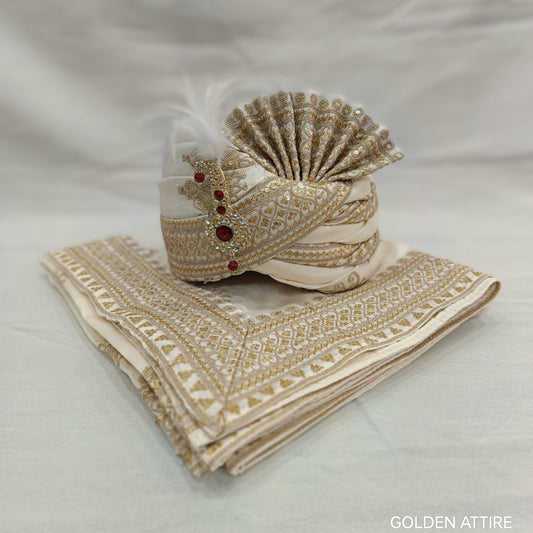 Ivory Groom Safa Turban & Shawl Set with Golden Embroidery