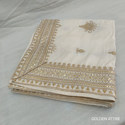 Elegant Ivory Art Silk Groom Shawl with Golden Lace & Thread Embroidery