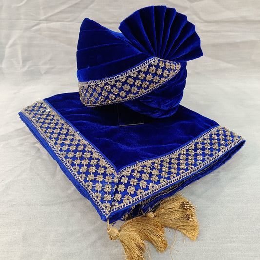 Royal Blue Embroidered Groom Turban Shawl | Lightweight Adjustable Pagri for Sherwani | Golden Attire