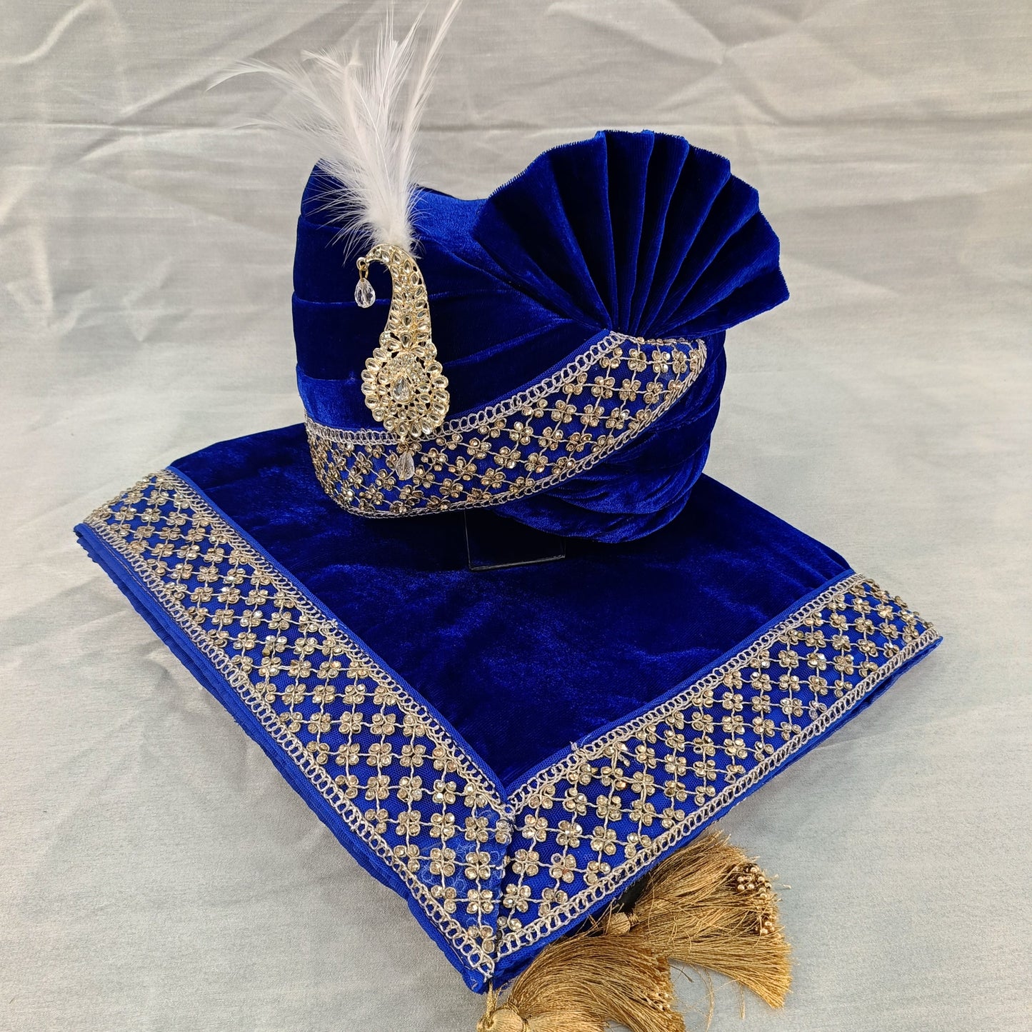 Royal Blue Embroidered Groom Turban Shawl | Lightweight Adjustable Pagri for Sherwani | Golden Attire