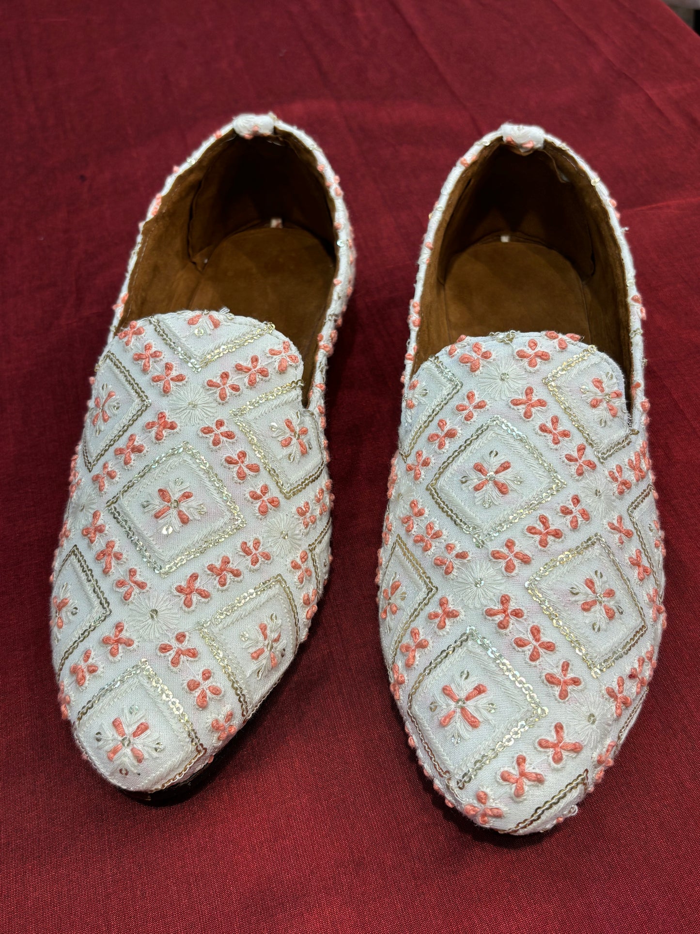 Ivory Handmade Mojari Loafers for Groom, Peach Embroidery Sherwani Shoes