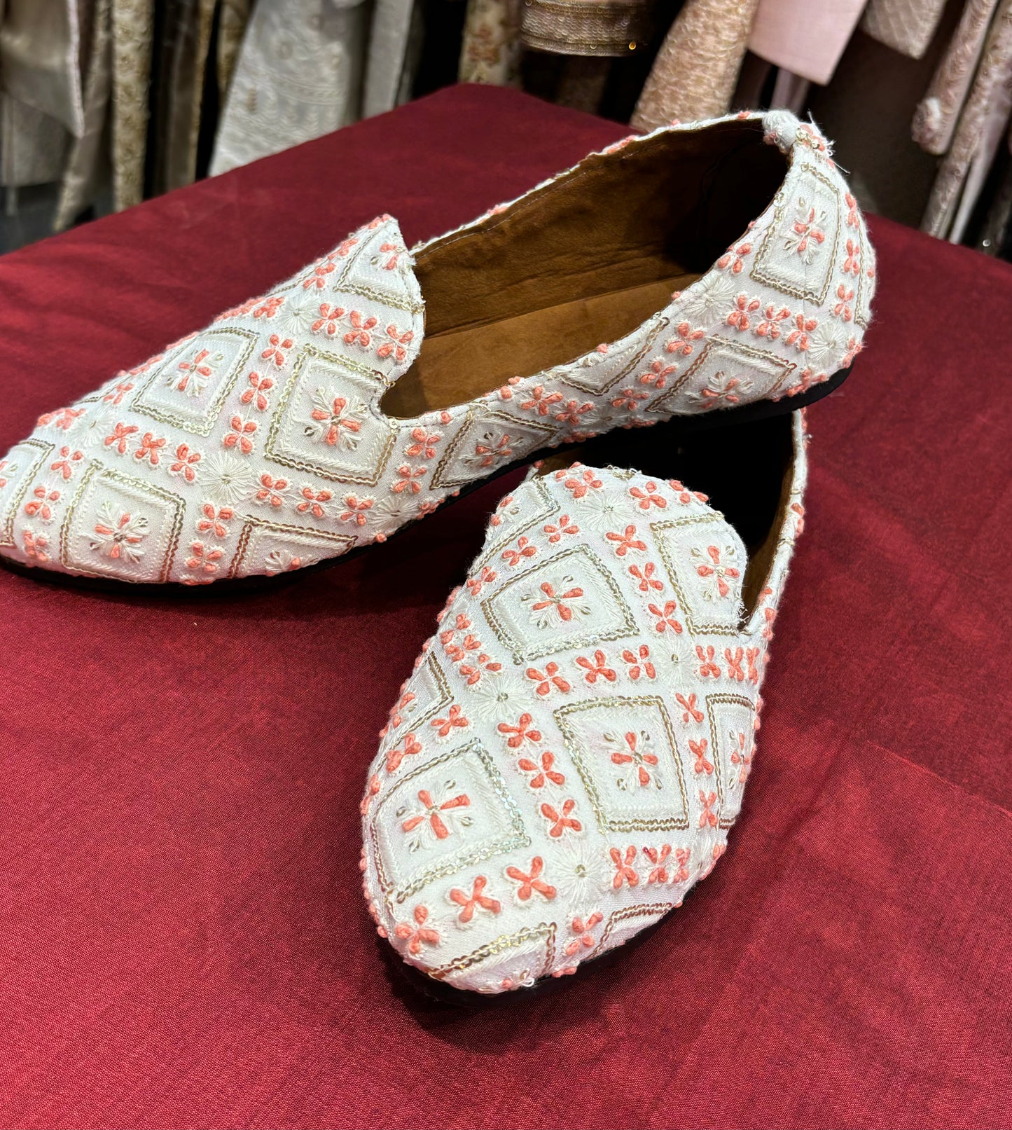 Ivory Handmade Mojari Loafers for Groom, Peach Embroidery Sherwani Shoes