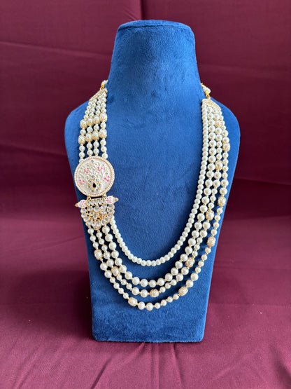 Ivory Kundan & Pearl Groom Mala | 4-Layered Kantha Necklace with Pink Brooch | Sherwani Wedding Jewelry | Golden Attire