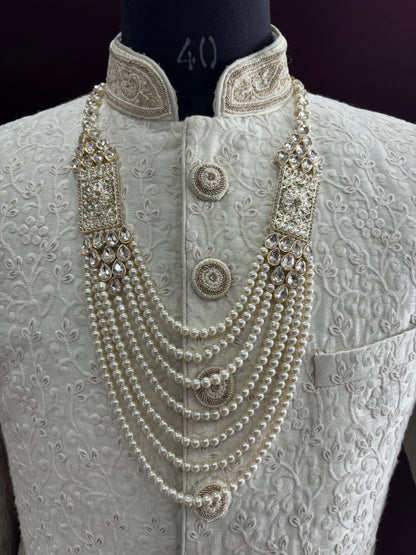 Golden Attire | Ivory 7-Layered Pearl Mala Groom Necklace with Stone Detailing | Sherwani Wedding Accessory