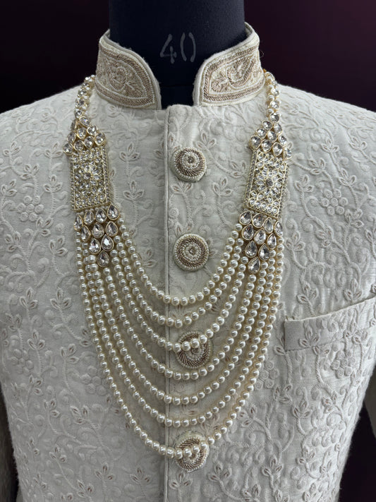 Golden Attire | Ivory 7-Layered Pearl Mala Groom Necklace with Stone Detailing | Sherwani Wedding Accessory
