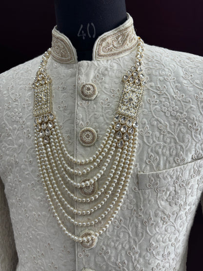 Golden Attire | Ivory 7-Layered Pearl Mala Groom Necklace with Stone Detailing | Sherwani Wedding Accessory