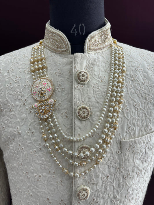 Ivory Kundan & Pearl Groom Mala | 4-Layered Kantha Necklace with Pink Brooch | Sherwani Wedding Jewelry | Golden Attire