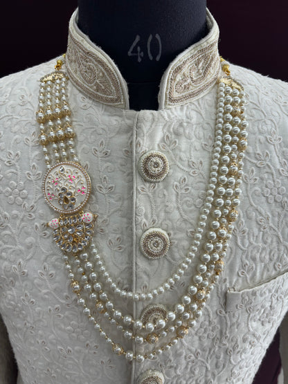 Ivory Kundan & Pearl Groom Mala | 4-Layered Kantha Necklace with Pink Brooch | Sherwani Wedding Jewelry | Golden Attire