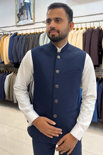 Blue Open Jodhpuri Three-Piece Suit – Bold, Traditional, and Elegant