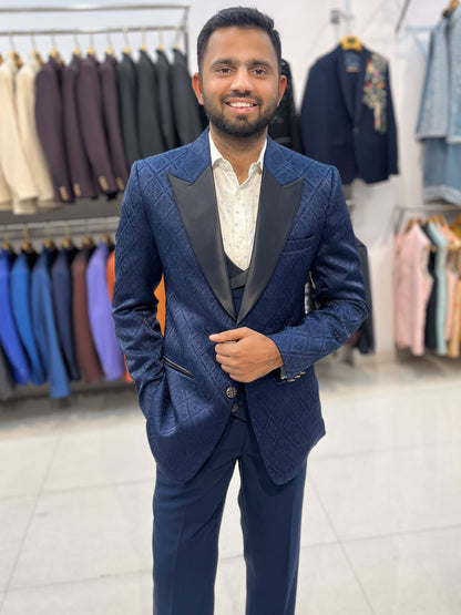 Navy Jacquard Dinner Jacket Set With Shawl Lapel, Blue Tuxedo for men, dinner suit for men, Tuxedo three piece suit