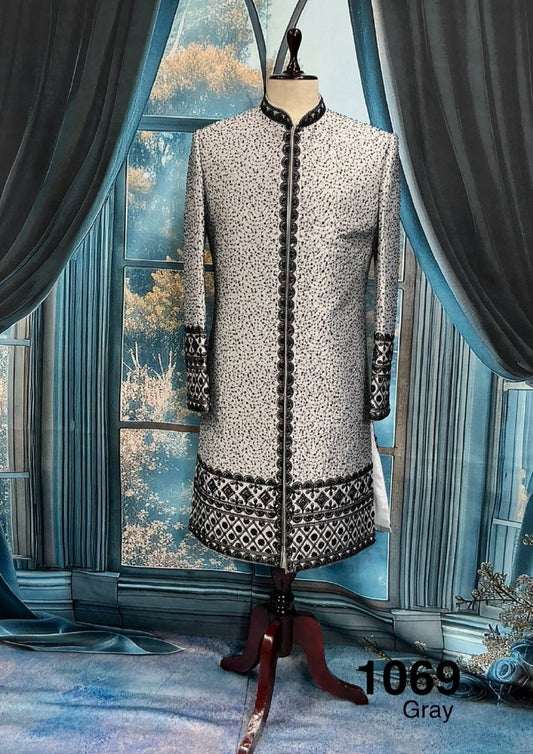 Grey Sherwani with Black Zardozi Work | Indian Groom Indo-Western