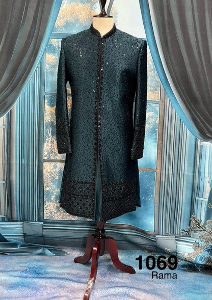 Rama Green Sherwani, Black Zardozi Embroidered Indo-Western Groom Outfit