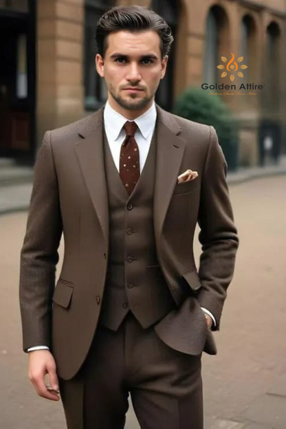 Elegant Dark Brown Three Piece Suit,