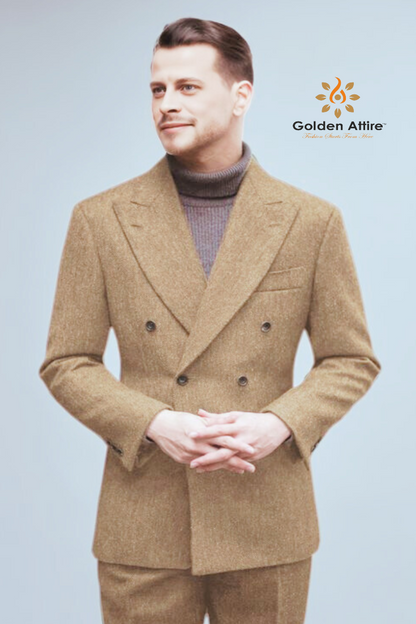 Classic Beige Tweed Double-Breasted Suit with Brown Buttons – Timeless Elegance & Superior Craftsmanship