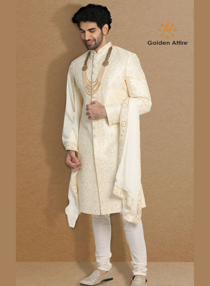 Ivory Silk Groom Sherwani with All-Over Thread Embroidery – Exquisite Wedding Attire, Sherwani for men