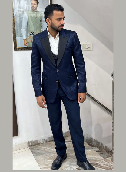 Navy Jacquard Dinner Jacket Set With Shawl Lapel, Blue Tuxedo for men, dinner suit for men, Tuxedo three piece suit