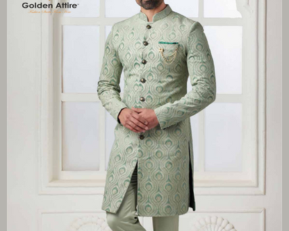 Royal Sage Green Velvet Groom Sherwani Indo-Western with Intricate Thread Embroidery