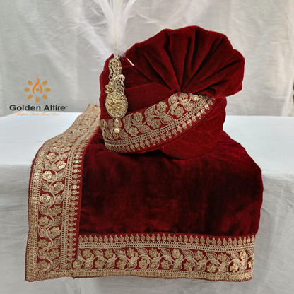 Elegant Red Velvet Groom Turban Shawl with Lace Detailing – Lightweight & Adjustable for Weddings & Special Occasions