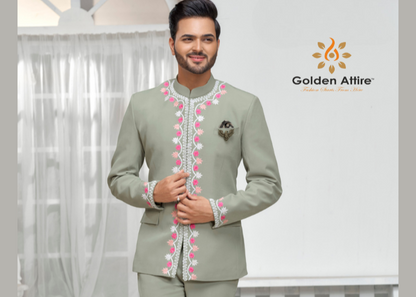 Custom Sage Green Jodhpuri Suit. with Intricate Thread Embroidery