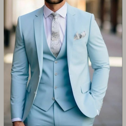 Sky Blue Three Piece Suit Set – Customizable Elegance with White Shirt