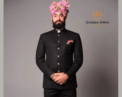 Regal Black Jodhpuri Suit – with Copper Meenakari Buttons
