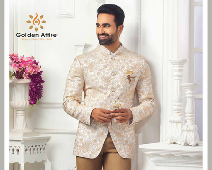 Customizable Beige Jodhpuri Suit in Luxurious Jacquard Fabric – Timeless Elegance, Tailored to You