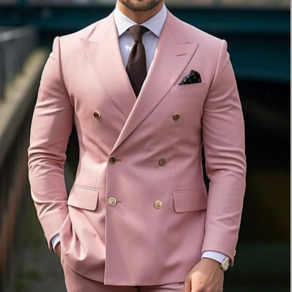 Golden Attire Exclusive: Dusty Rose Double-Breasted Suit✨ | Customizable Luxury  | Free White Shirt & Earthy Brown Tie