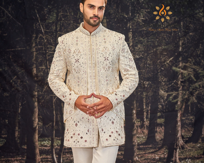 Ivory Elegance: Bespoke Silk Sherwani & Indo-Western Groom Set | Golden Attire’s Zardozi & Threadwork Masterpiece