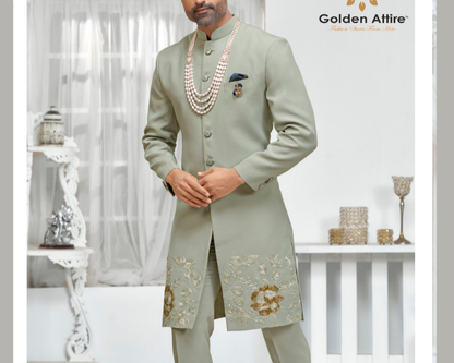 Sage green Bespoke Indo Western Sherwani Set, Golden Attire’s Zardozi & Thread Embroidered Groom Masterpiece