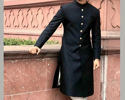 Elegance: Bespoke Black Indo Western Achkan Set | Golden Attire’s Ivory Meenakari & Terry Rayon Luxury