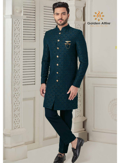 Golden Attire | Regal Peacock Blue Indo-Western Groom Achkan | Luxe Jacquard Terry Rayon Fabric | Customizable Design