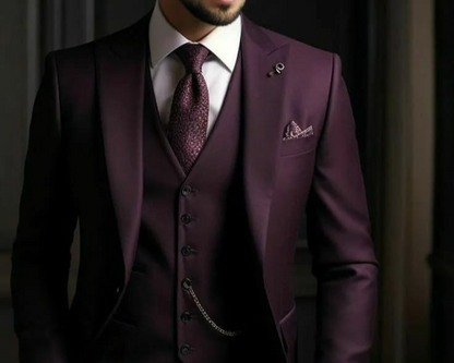 Golden Attire | Royal Purple Three-Piece Suit Customizable Fit with White Shirt & Purple Tie