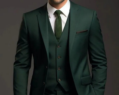 Golden Attire | Emerald Green Three-Piece Suit Customizable Fit with White Shirt & Green Tie