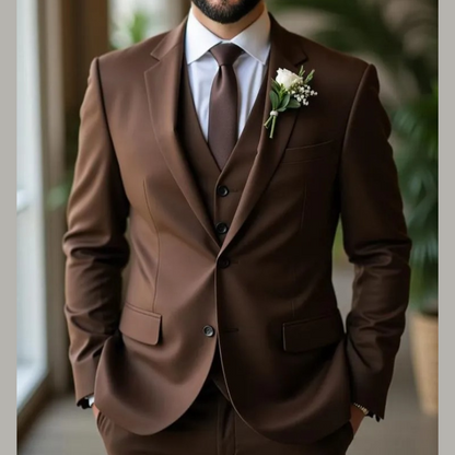 Golden Attire Luxe Dark Brown Three Piece Suit Customizable Fit for Modern Sophistication