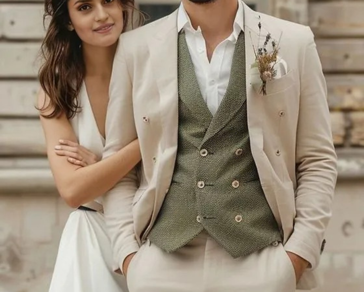 Golden Attire Elegant Cream Three-Piece Suit | Terry Rayon Luxury | Customizable Fit with Bold Green Vest