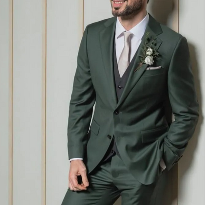 Golden Attire's Emerald Elegance | Custom-Tailored 3-Piece Terry Rayon Suit with Dark Grey Vest & Crisp White Shirt