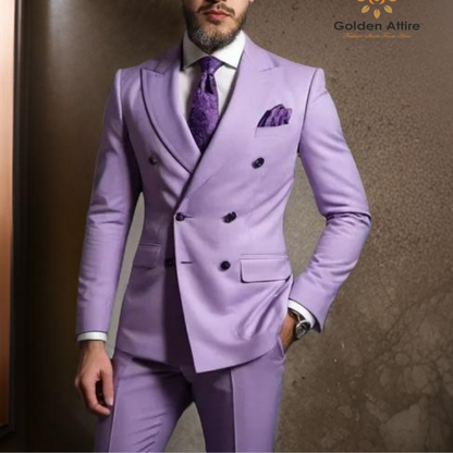 Golden Attire Luxe Lavender Double-Breasted Terry Rayon Suit | Customizable Premium Fit | White Shirt & Black Button Elegance