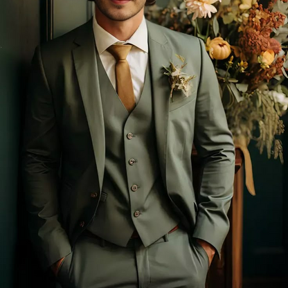Golden Attire Sage Green Three-Piece Suit | Timeless Elegance, Custom Crafted for You
